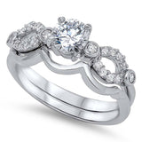 Sterling Silver Fancy Band with 4 Bezel Set and Pave Simulated Diamond with Centered Clear Round Solitaire Simulated Diamond Bridal SetAnd Band Width of 3MM and Center Stone Size of 6MM