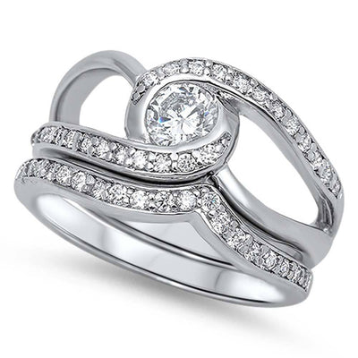 Sterling Silver Elegant Bridal Set Open Cut Bypass Band with Pave CZ and Centered Clear CZ on Bezel Set, Band Width of 6MM and Center Stone Size of 5MM