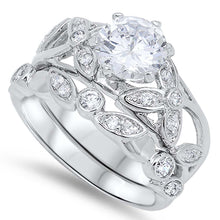 Load image into Gallery viewer, Sterling Silver Elegant Bridal Set Band with Marquise and Round Shaped Inlaid with Simulated Diamond Bezel Set with Centered Clear Solitaire Simulated Diamond on 6 Prong SettingAnd Band Width of 11MM an