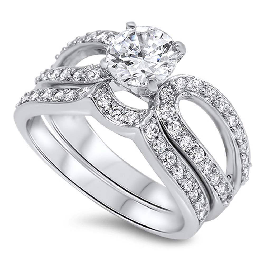 Sterling Silver Bridal Set Open Cut Band with Pave Round CZ Inlaid and Centered Round Solitaire CZ on 4 Prong Setting, Band Width of 5MM and Center Stone Size of 7MM