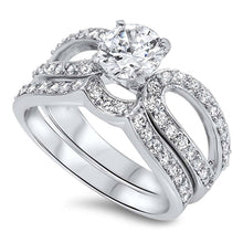 Load image into Gallery viewer, Sterling Silver Bridal Set Open Cut Band with Pave Round Simulated Diamond Inlaid and Cetered Round Solitaire Simulated Diamond on 4 Prong SettingAnd Band Width of 5MM and Center Stone Size of 7MM