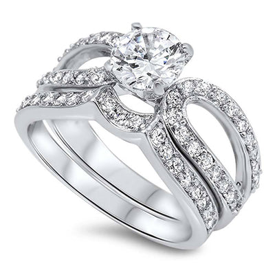 Sterling Silver Bridal Set Open Cut Band with Pave Round CZ Inlaid and Centered Round Solitaire CZ on 4 Prong Setting, Band Width of 5MM and Center Stone Size of 7MM