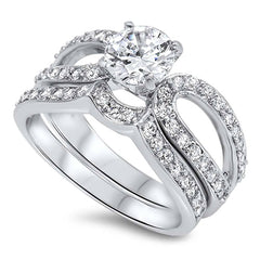 Sterling Silver Bridal Set Open Cut Band with Pave Round CZ Inlaid and Centered Round Solitaire CZ on 4 Prong Setting, Band Width of 5MM and Center Stone Size of 7MM
