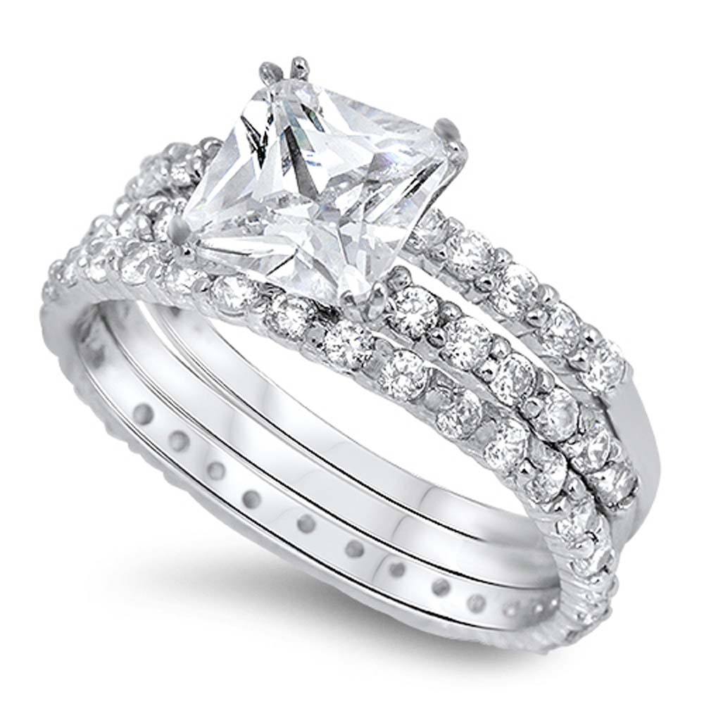 Sterling Silver Clear Princess Cut CZ Bridal Set Eternity Band Inlaid with Pave CZ, Band Width of 1.5MM and Face Height of 7MM