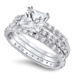 Sterling Silver Clear Princess Cut CZ Bridal Set Eternity Band Inlaid with Pave CZ, Band Width of 1.5MM and Face Height of 7MM
