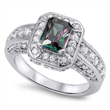 Load image into Gallery viewer, Sterling Silver Solitaire Halo Ring with Centered Emerald Cut Rainbow Topaz CZ On Prong SettingAnd Face Height 11MM