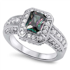 Sterling Silver Solitaire Halo Ring with Centered Emerald Cut Rainbow Topaz CZ On Prong SettingAnd Face Height 11MM
