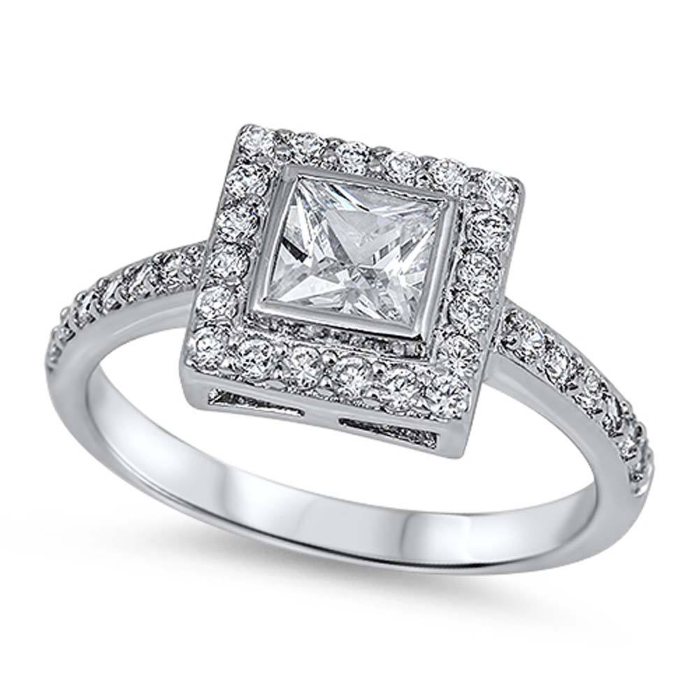 Sterling Silver Double Squares Shaped Clear CZ RingAnd Center Stone Width 10mm