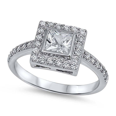 Sterling Silver Double Squares Shaped Clear CZ RingAnd Center Stone Width 10mm