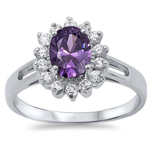 Load image into Gallery viewer, Sterling Silver Amethyst Oval With Flower Clear CZ RingAnd Face Height 13mm