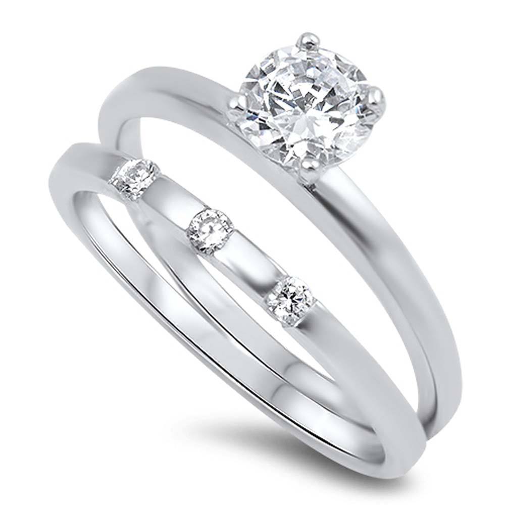 Sterling Silver Clear Round Solitaire Simulated Diamond Aprx .75 Carat on Prong SettingAnd Classy Channel Style Bridal Set with Rhodium Finish