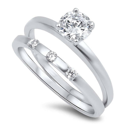 Sterling Silver Clear Round Solitaire CZ .75 Carat on Prong Setting and Channel Style Bridal Set with Rhodium Finish