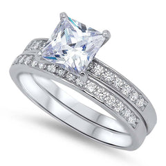 Sterling Silver Bridal Set Band with Pave CZ and Centered Clear Princess Cut Solitaire CZ, Band Width of 5MM and Center Stone Size of 7MM