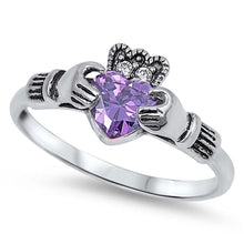 Load image into Gallery viewer, Sterling Silver Amethyst Claddagh with Clear CZ Ring, Face Height 10mm