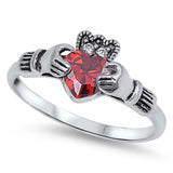 Sterling Silver Garnet Claddagh With Clear CZ RingAnd Face Height 10mm