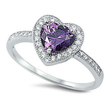 Load image into Gallery viewer, Sterling Silver Heart Shaped Amethyst and Clear CZ Ring, Face Height 10mmAnd Band Width 2mm