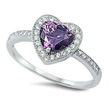 Sterling Silver Heart Shaped Amethyst and Clear CZ Ring, Face Height 10mmAnd Band Width 2mm