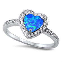 Load image into Gallery viewer, Sterling Silver Trendy Blue Lab Opal Heart Shape with Halo and Inlay Clear CZ Ring, Face Height of 10MM