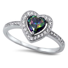 Load image into Gallery viewer, Sterling Silver Solitaire Halo Ring with Centered Heart Cut Rainbow Topaz Simulated DiamondAnd Face Height 10MM