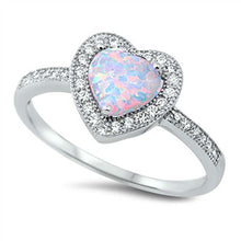Load image into Gallery viewer, Sterling Silver Trendy White Lab Opal Heart Shape with Halo and Inlay Clear CZ Ring, Face Height of 10MM