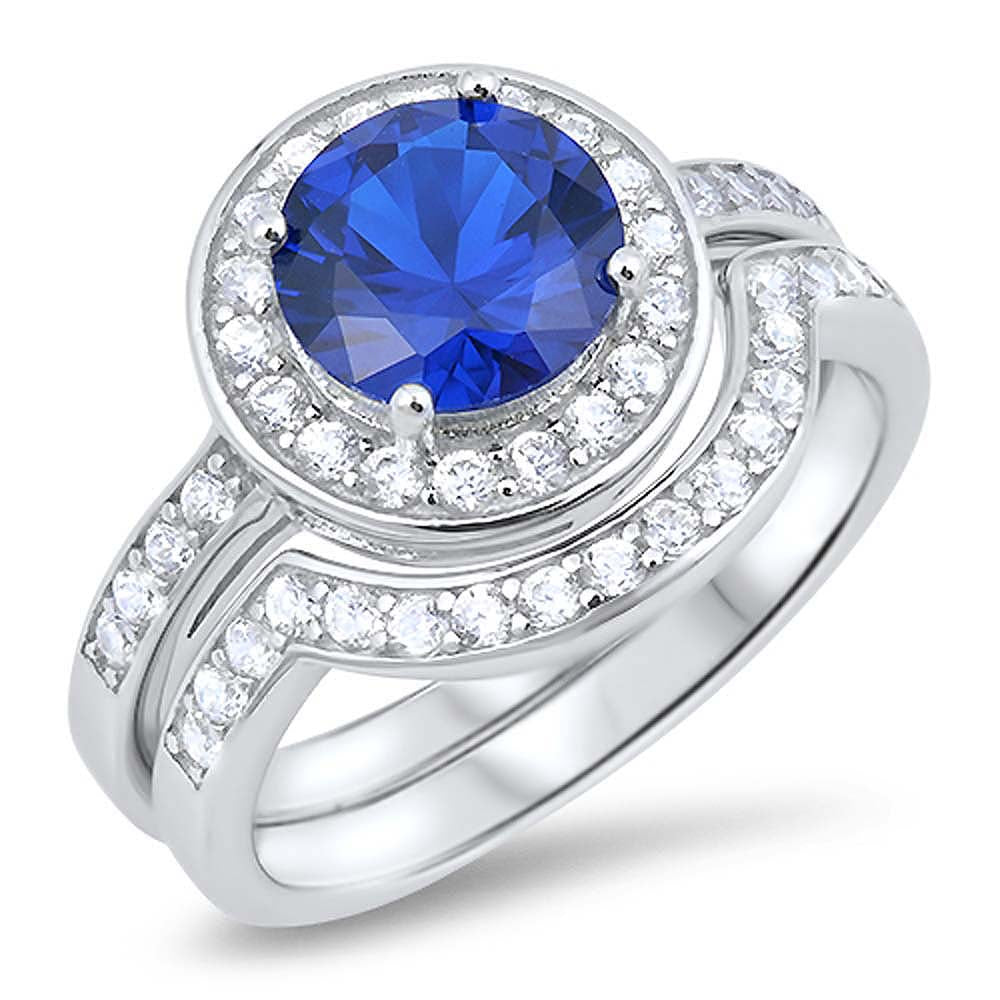 Sterling Silver Circle Shaped Blue Sapphire and Cubic Zirconia Wedding RingAnd Width Of Two Rings 5mmAnd Face Height 8mm