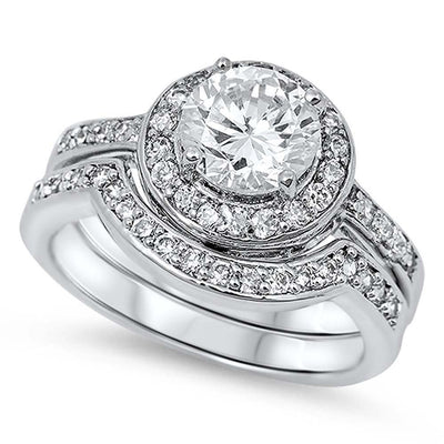 Sterling Silver Classy Bridal Set Band Inlaid with CZ and Centered Clear Round Solitaire CZ with Halo Pave Setting, Band Width of 5MM and Face Height of 8MM