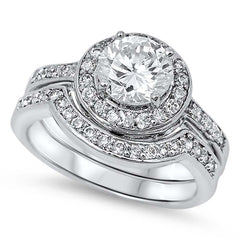 Sterling Silver Classy Bridal Set Band Inlaid with CZ and Centered Clear Round Solitaire CZ with Halo Pave Setting, Band Width of 5MM and Face Height of 8MM