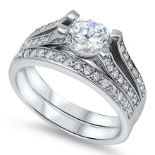 Load image into Gallery viewer, Sterling Silver Elegant Bridal Set Pave Simulated Diamond Band with Centered Clear Round Simulated DiamondAnd Band Width of 5MM and Face Height of 7MM