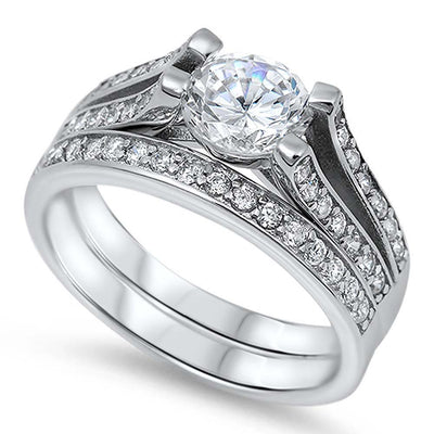 Sterling Silver Elegant Bridal Set Pave CZ Band with Centered Clear Round CZ, Band Width of 5MM and Face Height of 7MM