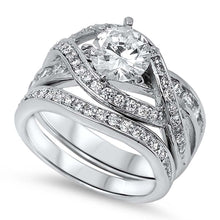 Load image into Gallery viewer, Sterling Silver Elegant Bridal Set Infinity Band Design with Pave Simulated Diamond and Centered Clear Round Solitaire Simulated Daimond on 6 Prong SettingAnd Band Width of 6MM and Face Height of 7MM