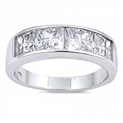 Sterling Silver Rhodium Plated Wedding Band Shaped Clear CZ RingAnd Face Height 7mm