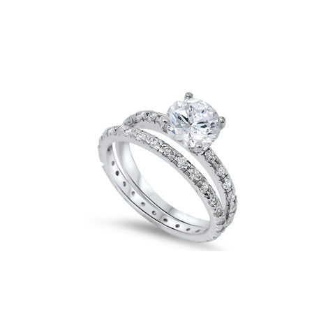 Sterling Silver Bridal Set Eternity Band with Pave Simulated Diamond and Centered Clear Round Solitaire Simulated Diamond on 4 Prong SettingAnd Band Width of 4MM and Face Height of 7MM
