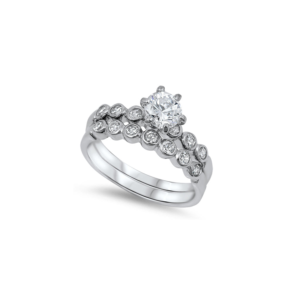 Sterling Silver Classy Bridal Set Band with Round Simulated Diamond Bezel Set and Centered Round Solitaire Simulated Diamond on 6 Prong SettingAnd Band Width of 4MM and Face Height of 6MM