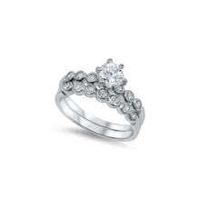 Load image into Gallery viewer, Sterling Silver Classy Bridal Set Band with Round Simulated Diamond Bezel Set and Centered Round Solitaire Simulated Diamond on 6 Prong SettingAnd Band Width of 4MM and Face Height of 6MM