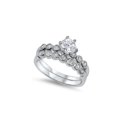 Sterling Silver Bridal Set Band with Round CZ Bezel Set and Centered Round Solitaire CZ on 6 Prong Setting, Band Width of 4MM and Face Height of 6MM