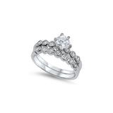 Sterling Silver Classy Bridal Set Band with Round Simulated Diamond Bezel Set and Centered Round Solitaire Simulated Diamond on 6 Prong SettingAnd Band Width of 4MM and Face Height of 6MM
