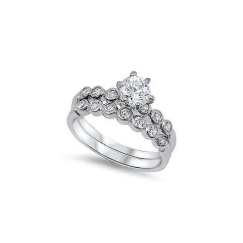 Sterling Silver Classy Bridal Set Band with Round Simulated Diamond Bezel Set and Centered Round Solitaire Simulated Diamond on 6 Prong SettingAnd Band Width of 4MM and Face Height of 6MM