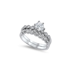 Sterling Silver Bridal Set Band with Round CZ Bezel Set and Centered Round Solitaire CZ on 6 Prong Setting, Band Width of 4MM and Face Height of 6MM