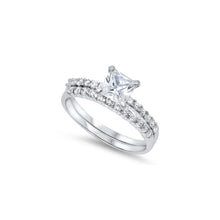 Load image into Gallery viewer, Sterling Silver Bridal Set Band with Pave CZ and Centered Clear Princess Cut Solitaire, Band Width of 3MM and Face Height of 6MM