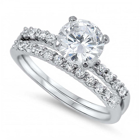 Sterling Silver Clear Round Solitaire Simulated Diamond on 4 Prong Setting Bridal Set Band with Pave Simulated DiamondAnd Band Width of 2MM and Face Height of 7MM
