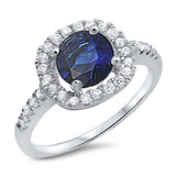 Sterling Silver Rhodium Plated Round Shaped Blue Sapphire And Clear CZ RingAnd Face Height 8mmAnd Band Width 2mm