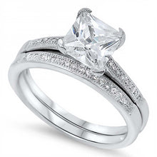 Load image into Gallery viewer, Sterling Silver Elegant Bridal Set with Clear Princess Cut Solitaire Simulated Diamond and Band Inlaid with Pave Simulated DiamondAnd Band Width of 4MM and Center Stone Size of 7MM