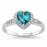Sterling Silver Trendy Heart Blue Topaz Cz with Halo Clear Czs Inlaid RingAnd Face Height of 8MM