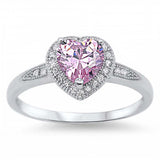 Sterling Silver Trendy Heart Pink Cz with Halo Clear Czs Inlaid RingAnd Face Height of 8MM