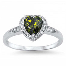 Load image into Gallery viewer, Sterling Silver Heart Shaped Peridot with Halo Clear Czs Inlaid Ring, Face Height of 8MM
