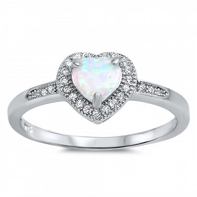 Sterling Silver Heart Shaped White Lab Opal And Clear CZ RingAnd Face Height 8mm