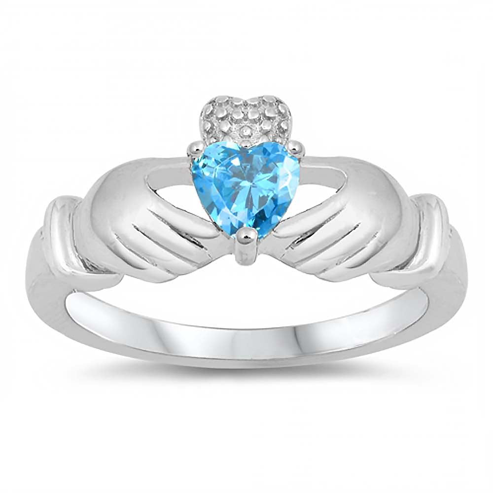 Sterling Silver Claddagh Shaped Blue Topaz CZ RingAnd Face Height 12mm