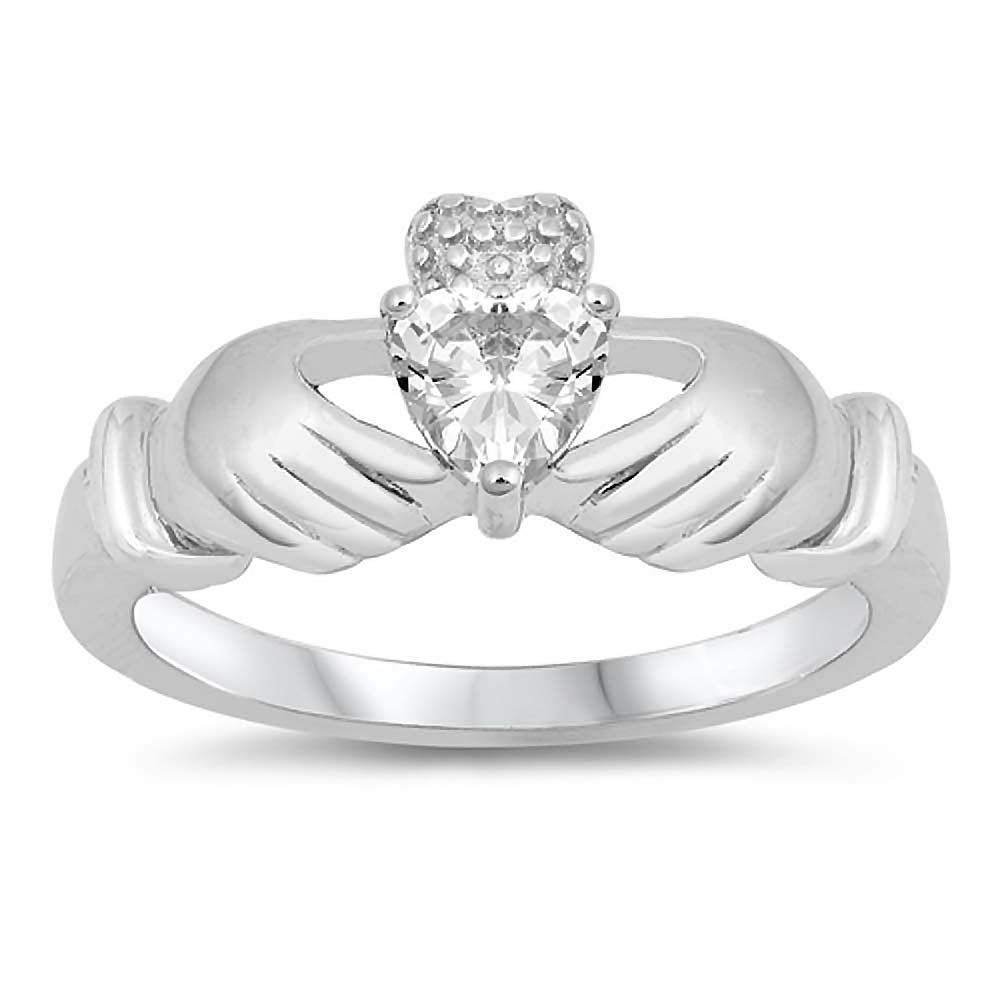 Sterling Silver Claddagh Shaped Clear CZ RingAnd Face Height 12mm