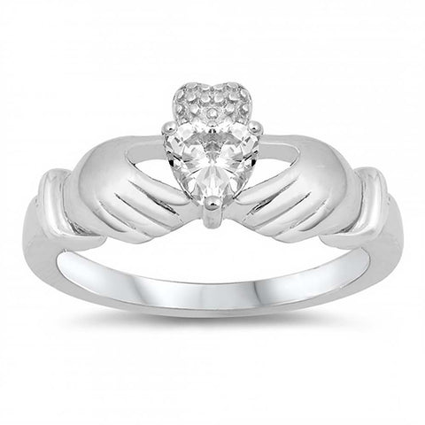 Sterling Silver Claddagh Shaped Clear CZ RingAnd Face Height 12mm