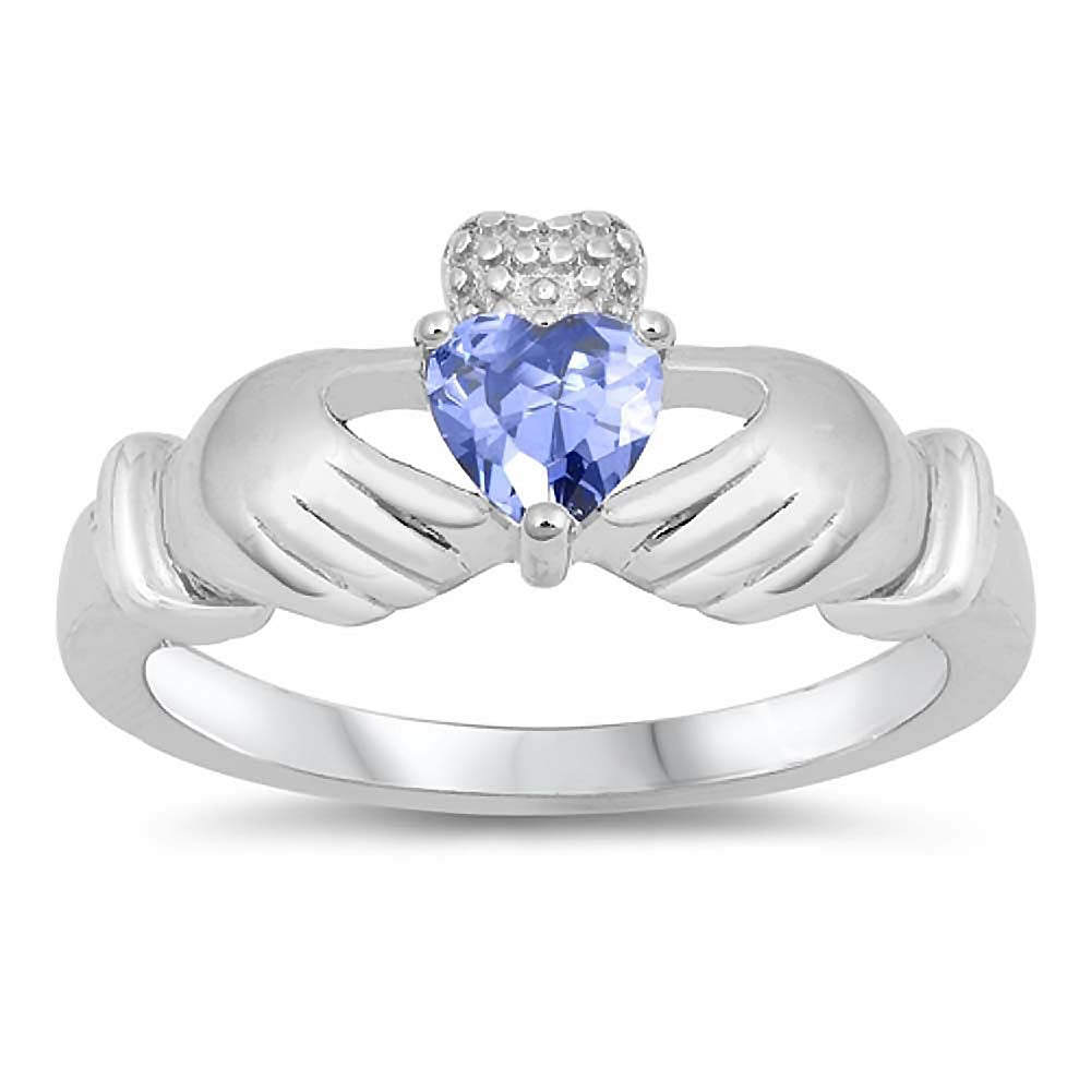 Sterling Silver Claddagh Shaped Tanzanite CZ RingAnd Face Height 12mm